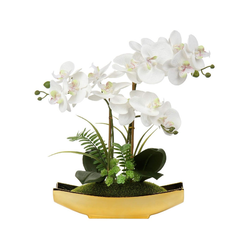 15" Artificial Phalaenopsis Flowers Arrangement Artificial Orchid Bonsai in Gold Pot