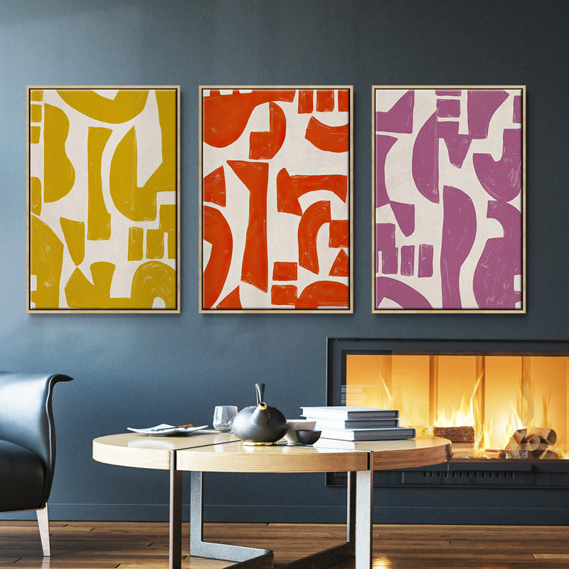 " Espacio I " 3 - Pieces, Natural Wood Framed, 40" H x 78" W