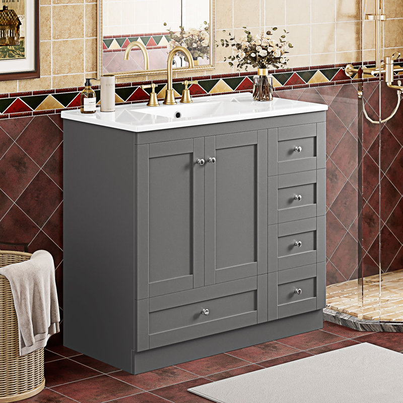 Meuble-lavabo autoportant avec lavabo en céramique, Gris