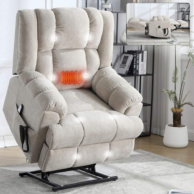 Electric Power Lift Chenille Recliner With Heat And Massage, Beige