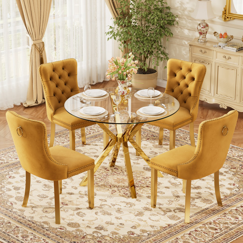 Ensemble de table de salle à manger rond transparent pour 2 à 4 personnes, table de cuisine moderne en verre trempé et chaises avec fauteuil capitonné en velours pour la salle à manger, petit espace, appartement