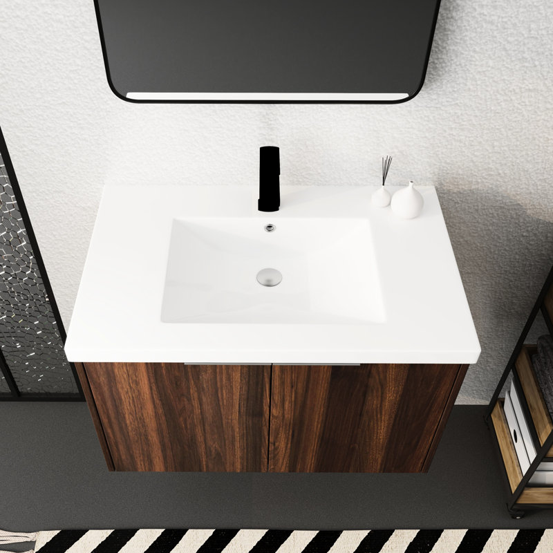 Soft Close Doors Bathroom Vanity, 30 Inch. Small Bathroom. Wall Mounted. Resin Basin Sink. Walnut Finish Inch Vanity With Sink, Mounted, Modern Beauty, Basin, Plentiful Storage Selections,