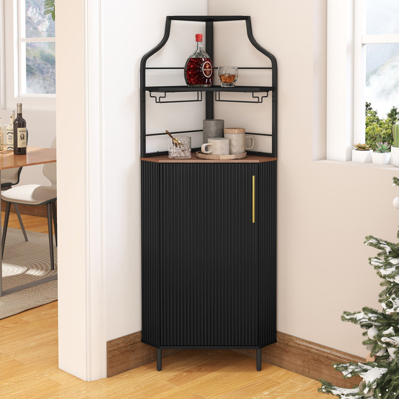 59.05" Tall Corner Bar Storage Cabinet with Wine Rack & Lights, Black