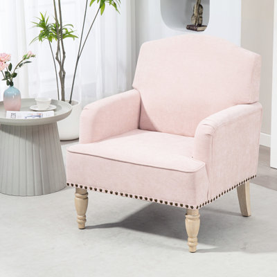 Fauteuil avec revêtement rose et pieds en bois, pour les meubles de chambre à coucher, pieds rétro en tissu d'ameublement, un élégant