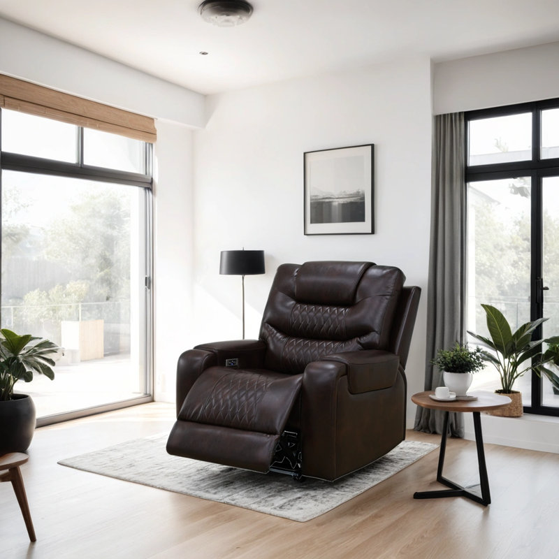 Baher 39.5" Dark Brown Vegan Leather Living Room Electric Power Recliner Chair with LED Lights
