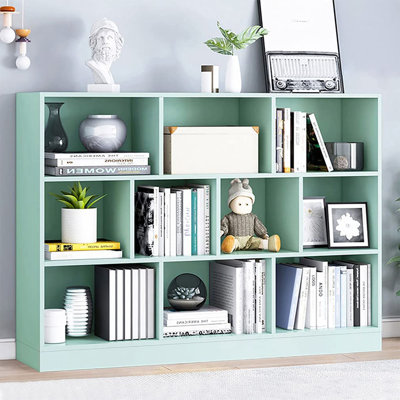 Bibliothèque à 3 niveaux avec tablette ouverte en bois avec base, 10 cubes de présentation et rangement en un