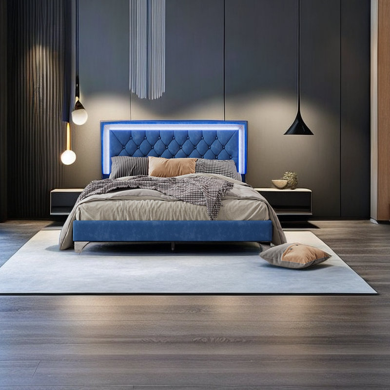 Lit plateforme tapissier Krystallo, Bleu