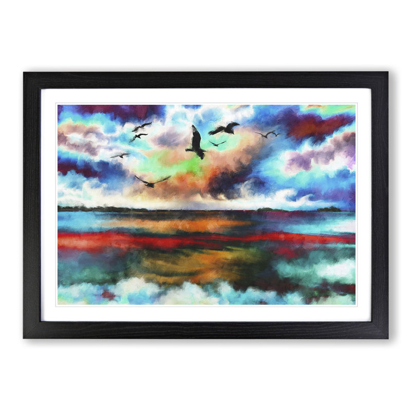 Birds over a Colourful Ocean - Picture Frame Painting, 36cm H x 48cm W x 2cm D, Black Framed