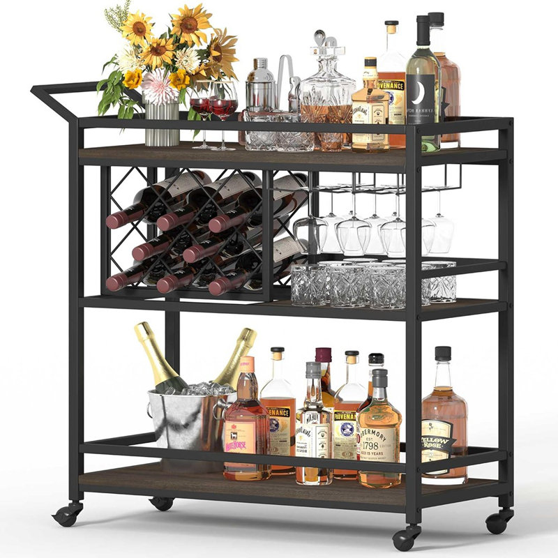 Petit chariot de service sur roulettes pour boissons alcoolisées et alcool (brun noyer)