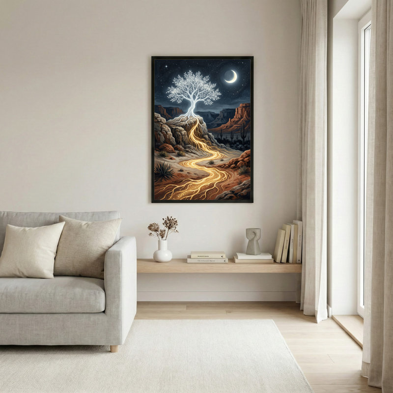Toile noire encadrée en bois noir pour salon, chambre à coucher, bureau ou vestibule - décoration murale décorative avec arbre au clair de lune