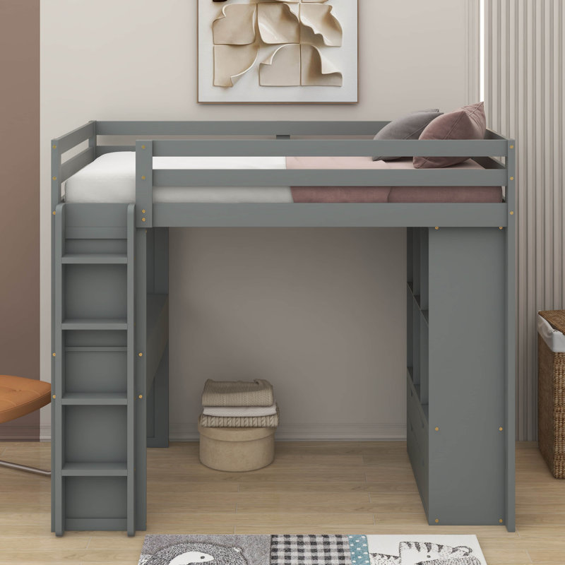 Lit mezzanine double avec grandes tablettes, bureau et lumière DEL, gris