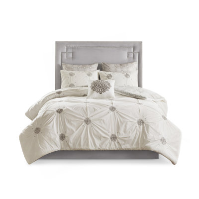 6 Piece Embroidered Cotton Reversible Comforter Set Ivory Full/Queen