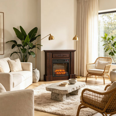 Cheminée électrique autoportante marron de 81 cm (32 po) avec manteau, chauffage à flamme de bûches réaliste à DEL, télécommande, protection contre la surchauffe pour la décoration intérieure