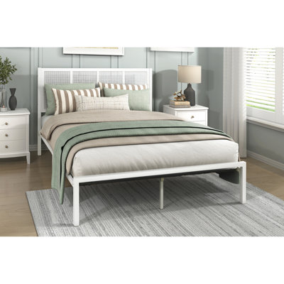 White Metal Queen Bedroom Bed, Faux Cane Headboard For Casual Coastal Style, No Box Spring Needed Size Bed With Frame, Headboard, Furniture, Not
