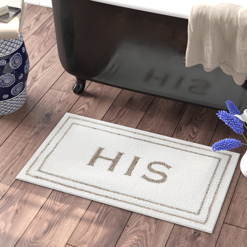 Ghofran His Bordered Polyester Machine Washable Bath Rug, Flint, 24" W x 40" L