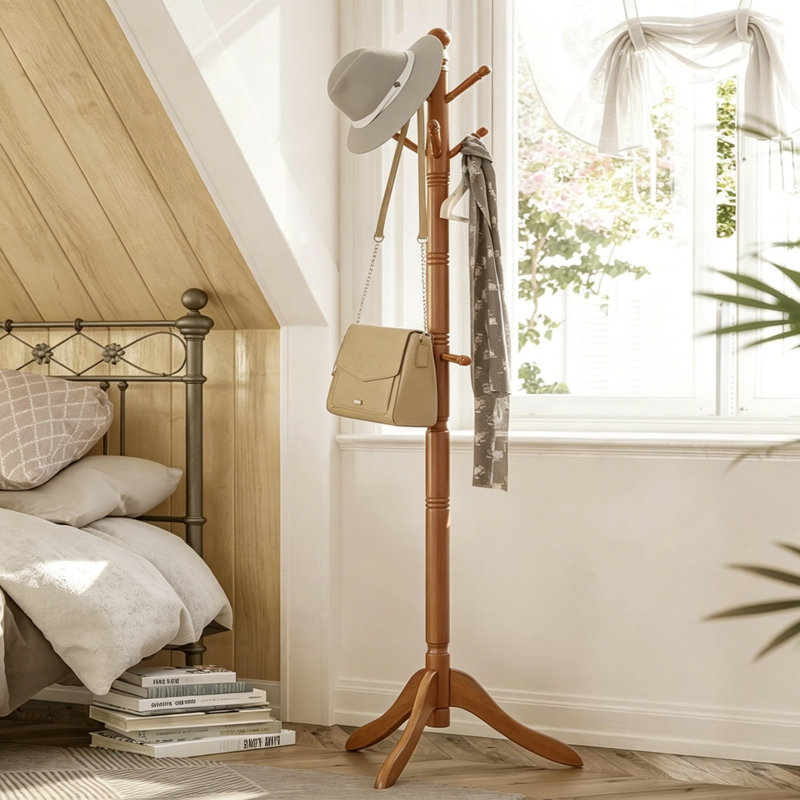 Rubberwood Freestanding 10 - Hook Coat Rack