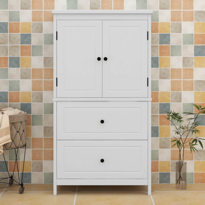Large armoire de rangement pour la salle de bain, rangement autoportant avec deux portes et tiroirs, tablette réglable