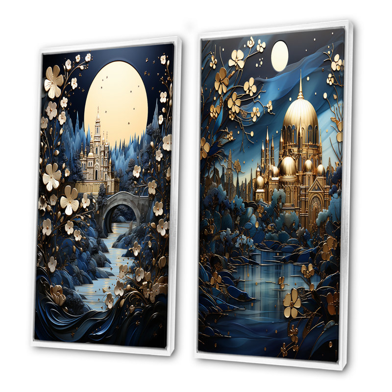 «Blue Glorious Byzantine Landscape I», ensemble d'art mural sur toile, Cadre blanc, H 28 po x l 25 po