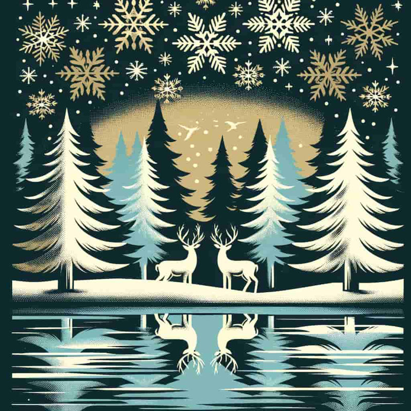 «Midnight Serenade: Golden Snowflakes and Deer», art sur toile, H 30 po x l 30 po x P 1,5 po