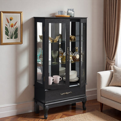 Lighted Curio Cabinet With Glass Doors And Adjustable Shelves 2 Door Wine Cabinet Display Curio Cabinet With LED Lights And Drawer For Home Decor And Storage