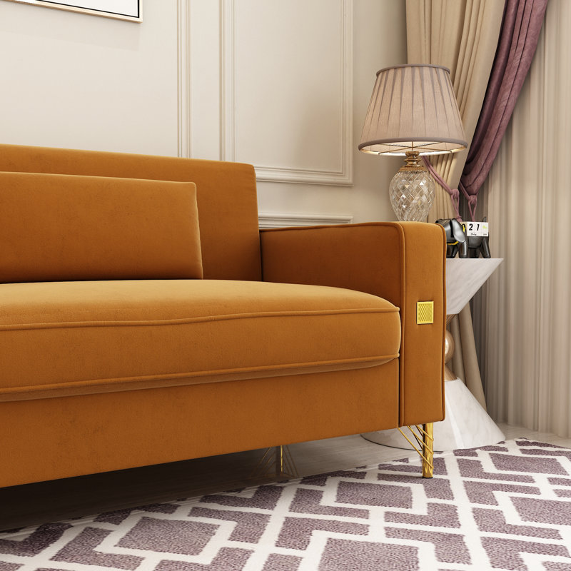 Deondry 85.63" Velvet Square Arm Sofa, Orange Velvet