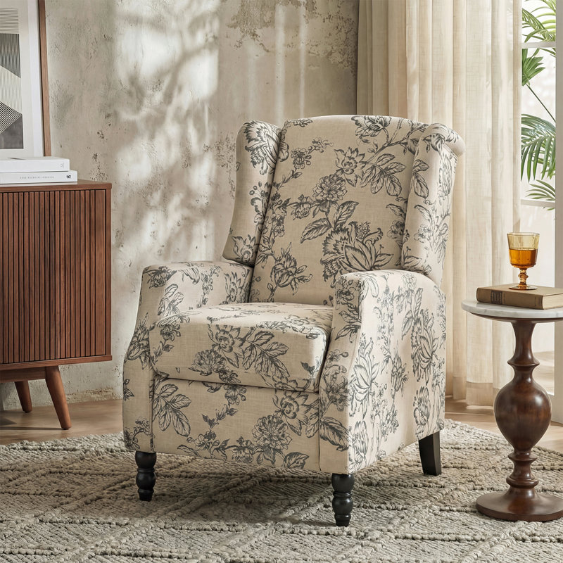 Fauteuil inclinable manuel rembourré Celia avec dossier à oreilles classique et pieds en bois en forme de vase, Indigo