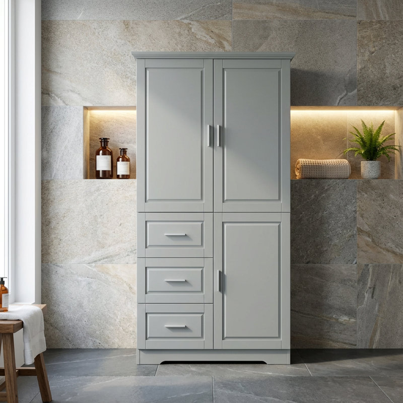 Armoire de rangement haute et large avec trois portes et tiroirs pour une organisation polyvalente, Gris