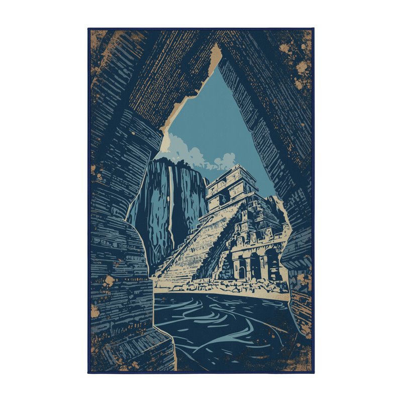Soft Plush Fairborn Tulum Ruins Rustic Block Print Area Rug in Gray – Navy Binding, 2x5