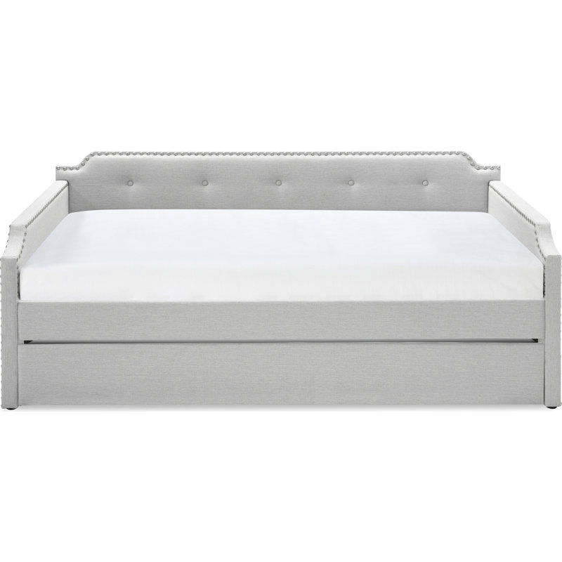 Bella Upholstered Daybed Sofa with Roll-Out Twin Trundle Bed and Nailhead Trim, Light Gray, Beige