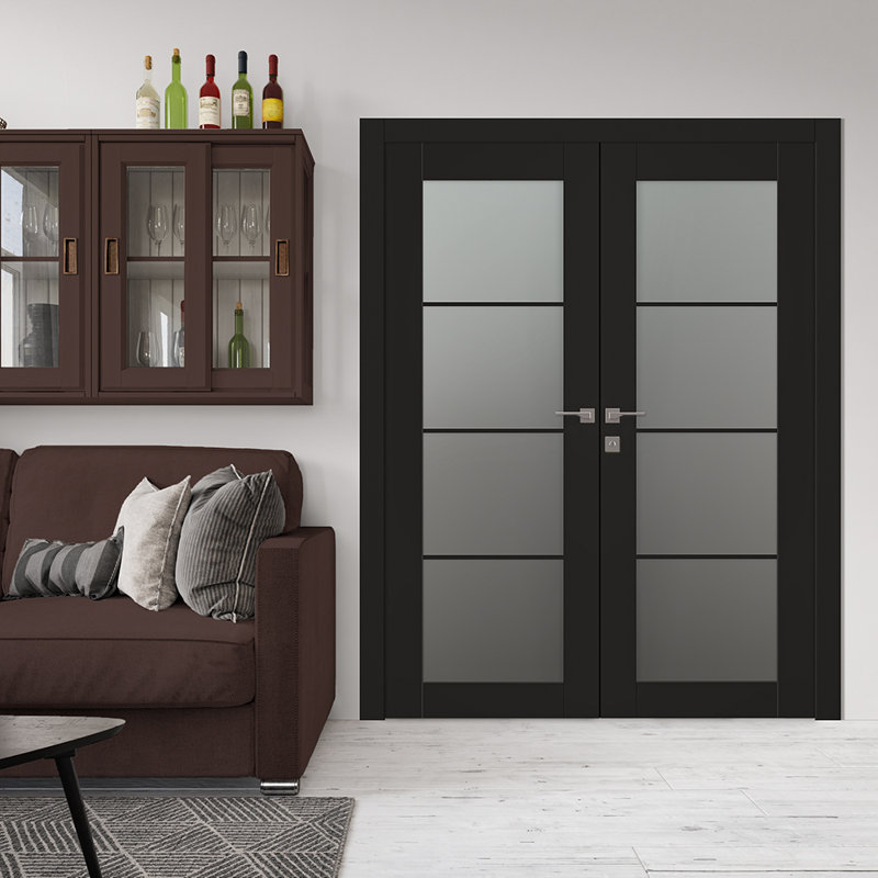 Porte française standard à 4 panneaux en bois manufacturé et en verre Avon, Noir, 63,50 po x 79,38 po, Gauche