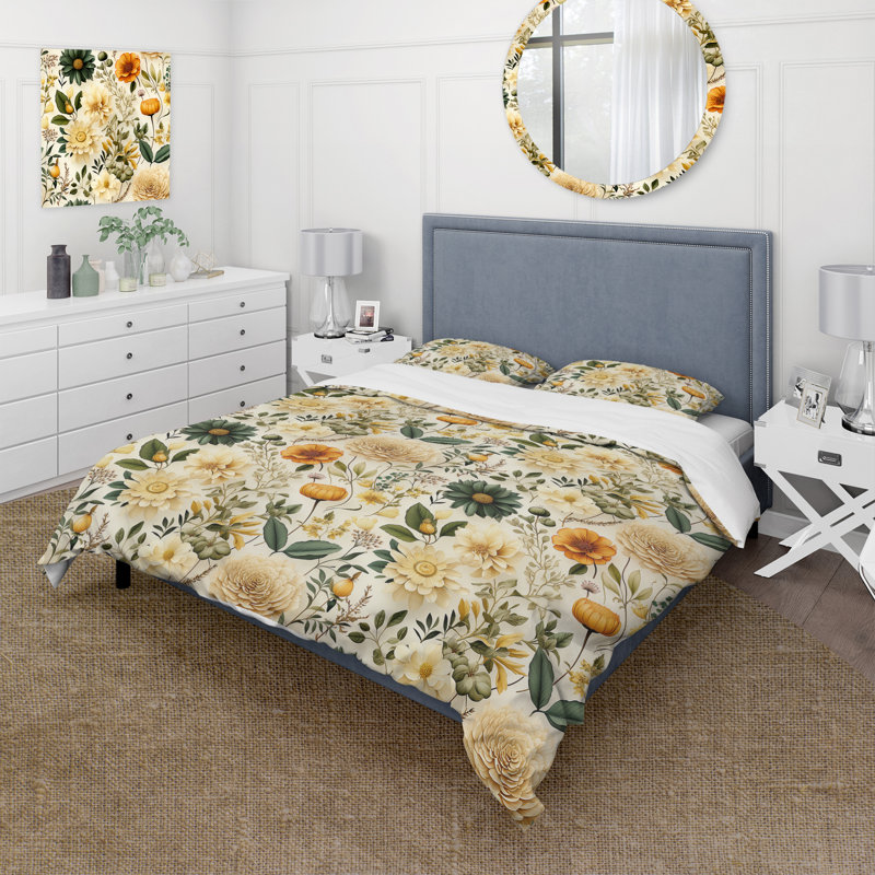 Literie à motif floral Boho, Housse de couette pour grand lit et 2 taies décor