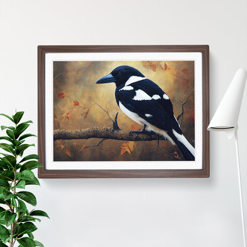 Edgy Magpie Bird - Single Picture Frame Print, 25cm H x 34cm W x 2cm D, Walnut Framed