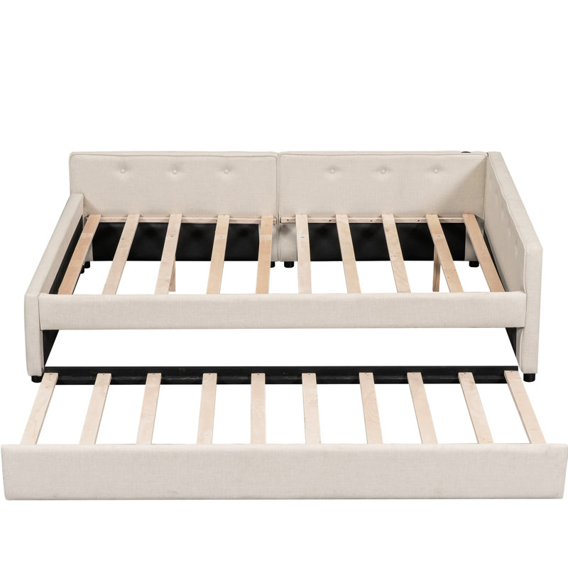 Lit tapissier avec lit gigogne simple beige - construction, plateforme moderne indispensable et structure en bois massif