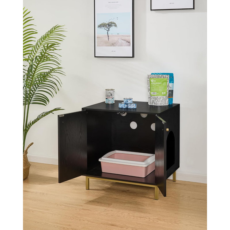 Black and Gold Wooden Cat Litter Box Enclosure with Metal Frame