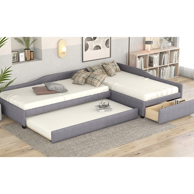 Lit de jour simple gris avec couchette et tiroir - confort rembourré, fabrication en contreplaqué pour la longévité et la base, maximise l'utilisation de l'espace