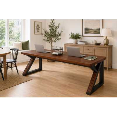Bureau double en bois massif de 63 po avec pieds en K en carbone et gestion des câbles pour bureau à domicile, bureau