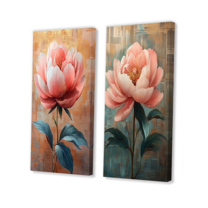  Pivoine Bloom I - ensemble d'art mural pivoine 2 pièces, H 40 po x l 40 po, Toile tendue