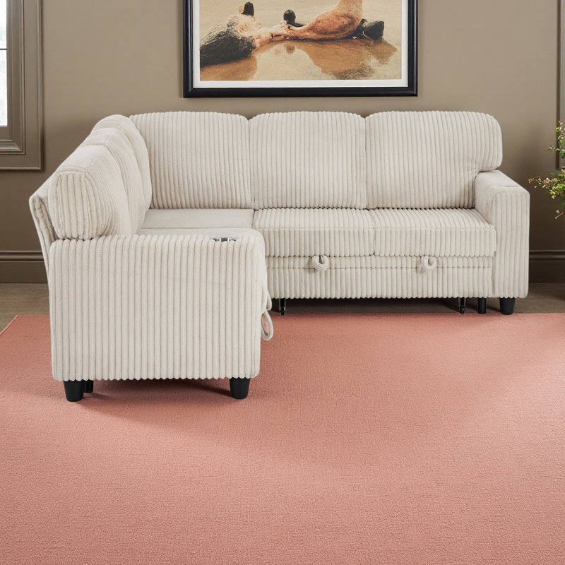 L-Shaped Sectional Sofa Bed With Pull-Out Bed & Storage, 5-Seat Sleeper Couch With USB Charging, Convertible Design For Living Room, Apartment, Corduroy Fabric