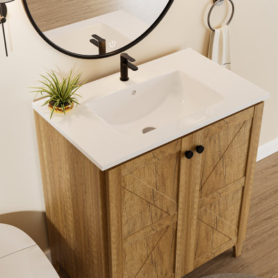 Meuble-lavabo de 76 cm avec lavabo en pierre reconstituée - Chêne doré, meuble-lavabo pliant autoportant avec portes, style moderne, avec bonde, sans robinetterie
