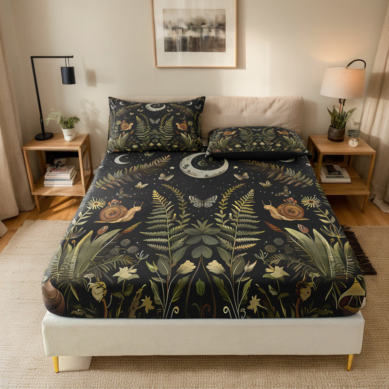 Orylavena Forest Moon and Fern Fitted Sheet Set, Botanical Snail and Moth Microfiber Bedding with White Backside, Full , Digital Print, No Pillow Insert Included