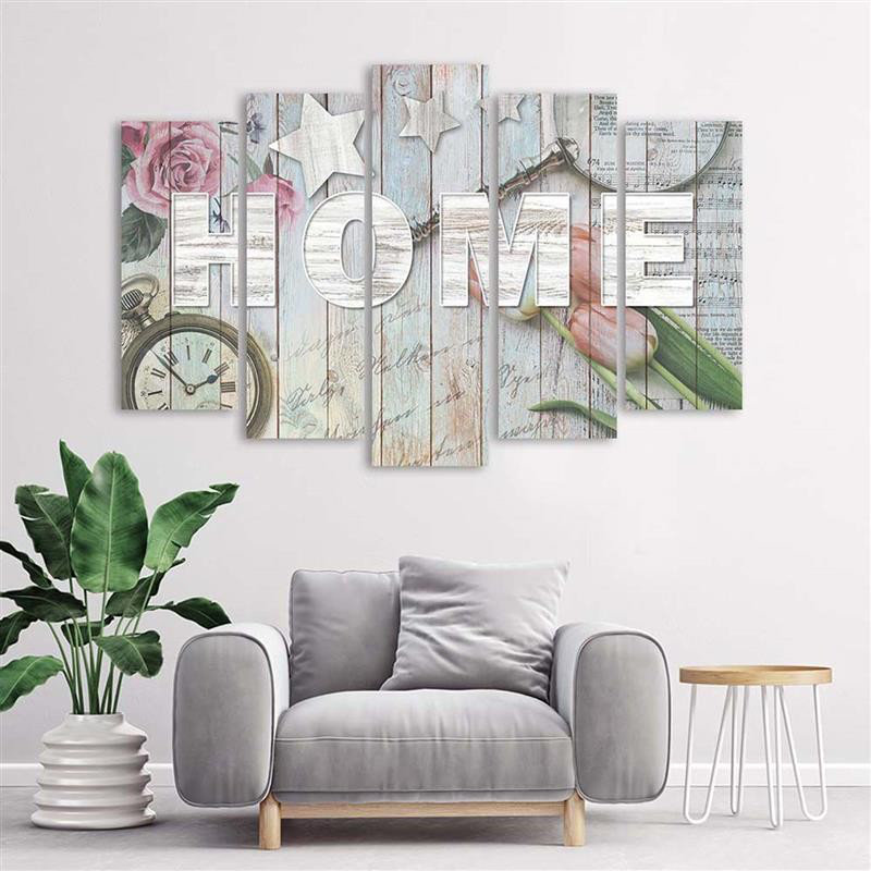 Home Wooden Inscription Flowers - 5 Piece No Frame Print on Canvas, 100cm H x 200cm W
