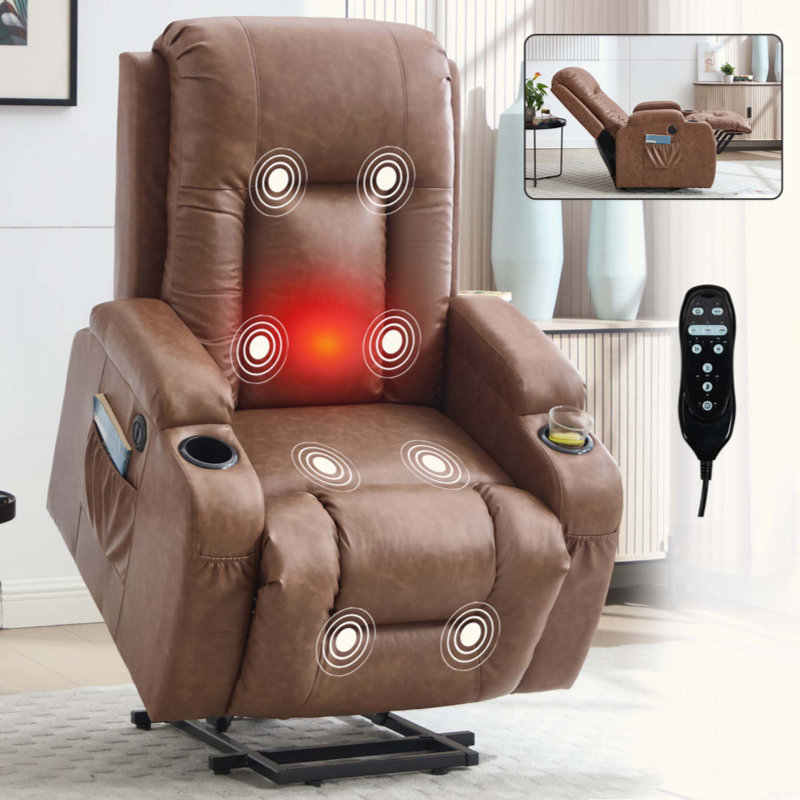 PU Infinite Position Up To 350 LBS Power Lift Recliner Chair For Elderly, Heavy Duty Motion Mechanism With 8-Point Vibration Massage And Lumbar Heating, USB Charging Port, Cup Holders