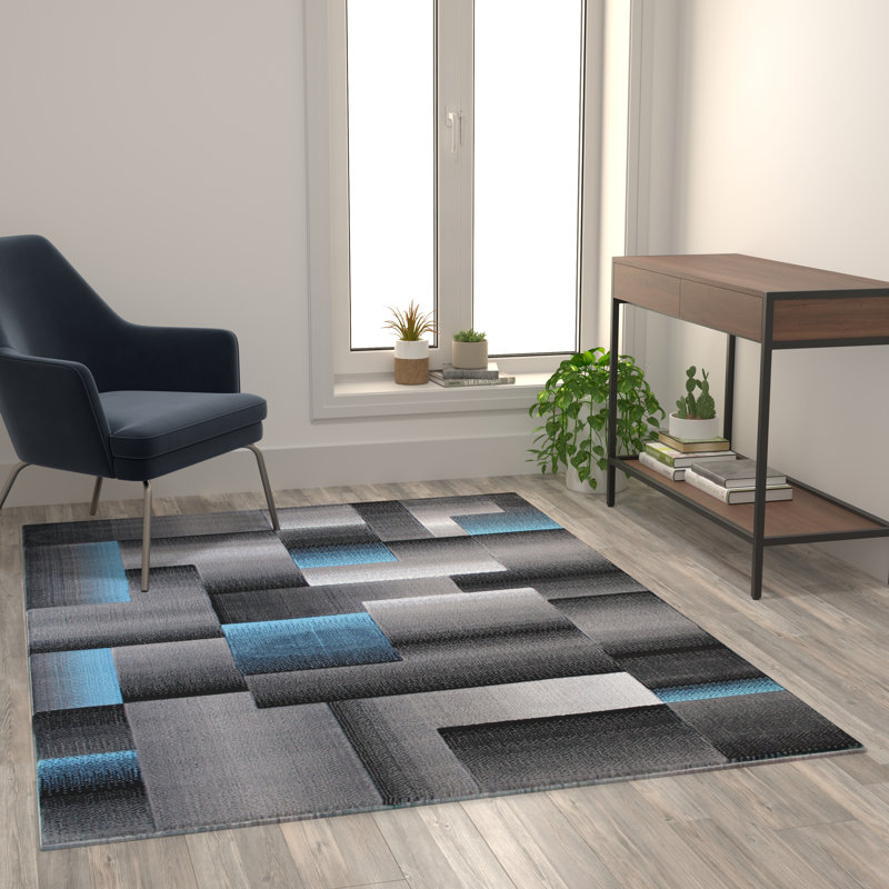 Modern Blue and Gray Geometric Style Color Blocked Indoor Area Rug, Rectangle 5' x 7'