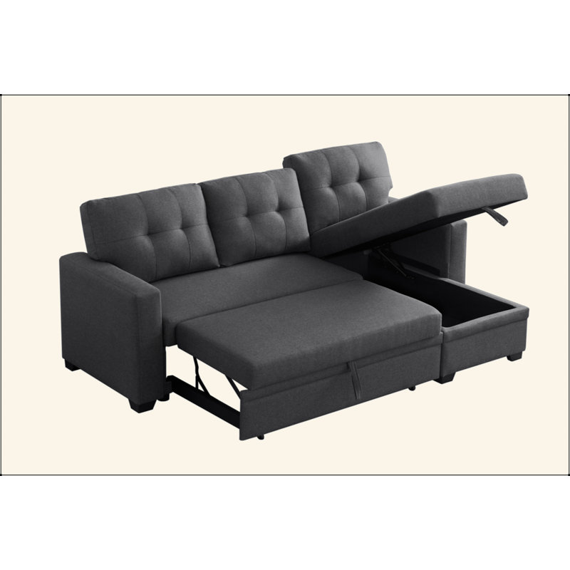 Upholstered Pull Out Sectional Sofa With Chaise, Dark Gray