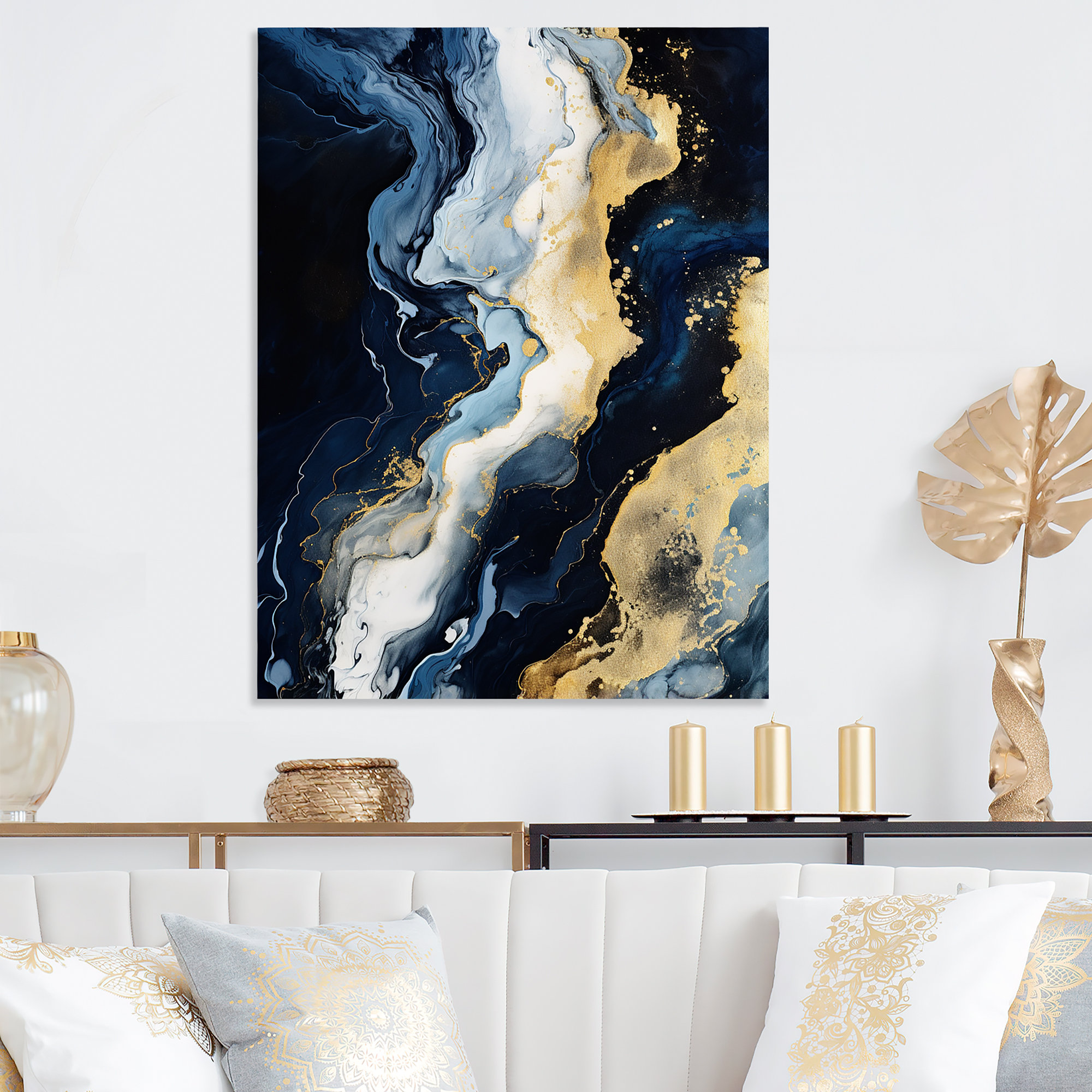 Ivy Bronx Gold And Blue Abstract Liquid Ink Serenade Of Swirls II ...