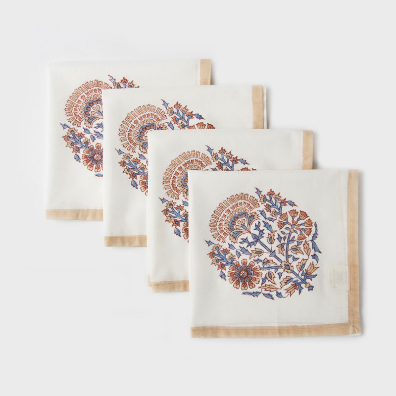  18x18 Inch Set of 4 Cotton Block Printed Cloth Napkins, Saffron