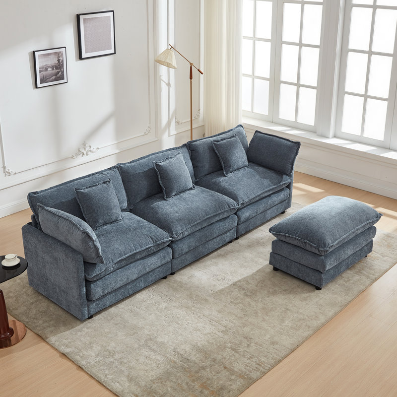 Shamill Chenille Cloud Sofa Couch with Ottoman – Plush 2-Layer Cushions with Adjustable Leg Heights for Comfort