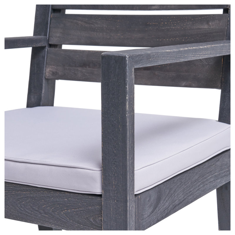 Ensemble de 2 chaises de salle à manger d'extérieur en bois d'acacia à lattes avec coussins résistants à l'eau, structure gris foncé et siège gris clair