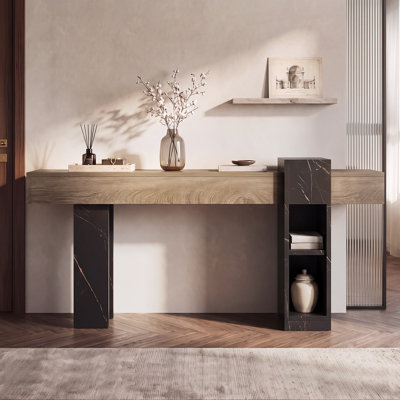 71 Inches Long Console Table with Charging Station, Thick Wooden Narrow Sofa Table Behind The Couch with Storage and Adjustable Shelves