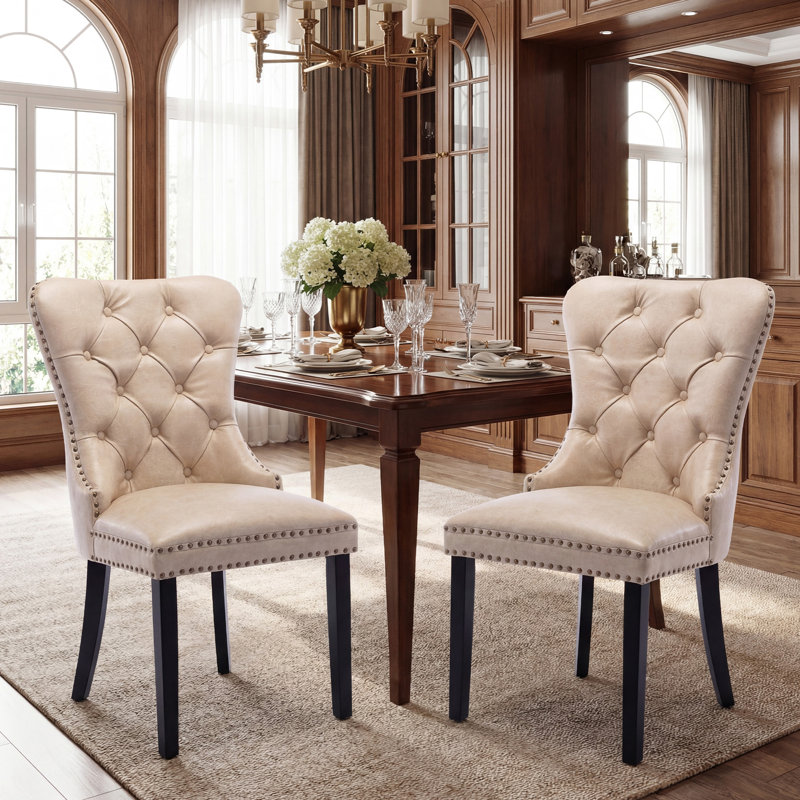 Modern Upholstered Faux Leather Dining Chairs Set Of 2 Mid Century Dining Room Chairs Tufted Ring Back Kitchen Dining Chairs Comfortable Side Chairs With Nail Head Trim